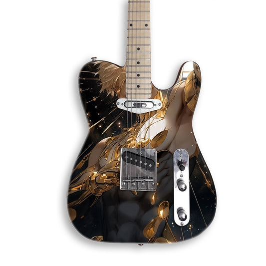 Golden Cyborg Starlight guitar skin on a black Tele-style guitar
