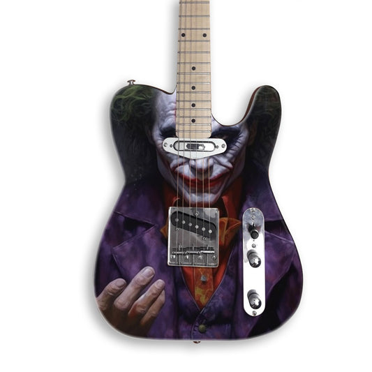 Grinning Clown Villain guitar skin on a black Tele-style guitar