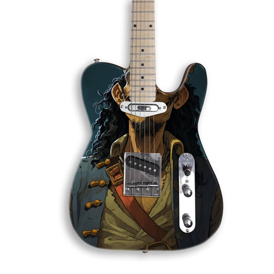 Grinning Pirate Rogue guitar skin on a black Tele-style guitar