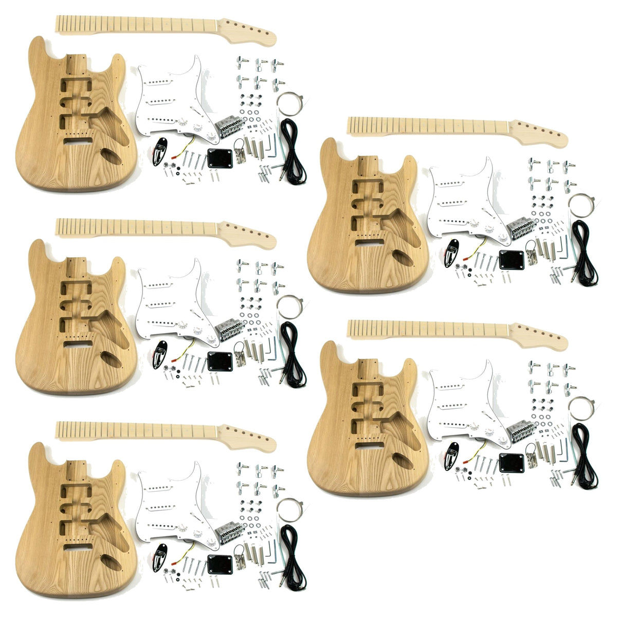 Five ST Classic DIY guitar kits laid out for a group build