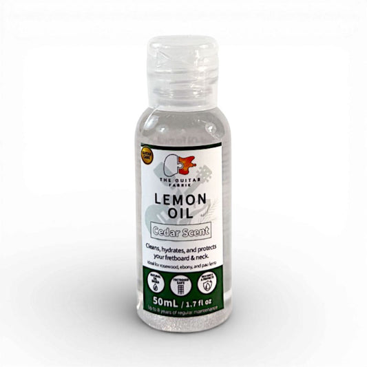 Lemon Oil Cedar Scent fretboard oil 50ml bottle shown straight-on with product label visible