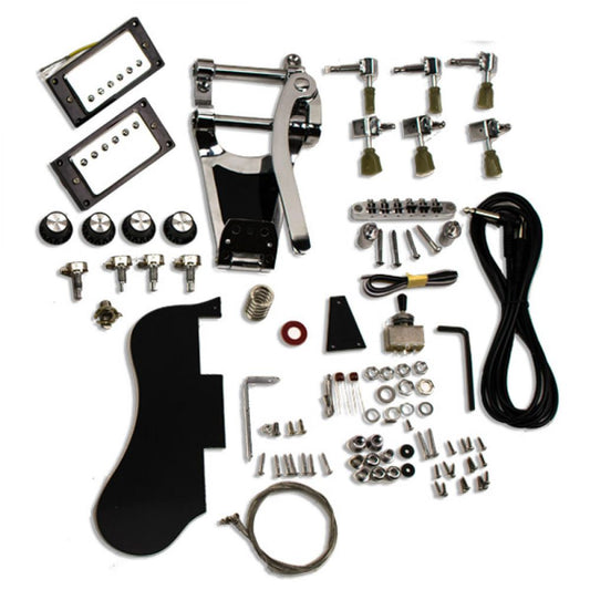 Complete ES335 Bigsby hardware set displayed flat showing chrome components, pickguard, and electronics from above