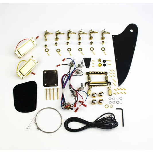 Firebird gold hardware set laid flat showing machine heads, pickups, bridge, pickguard, and electronics from above