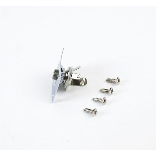 Chrome square jack socket for Telecaster with threaded barrel and mounting plate, shown with four included screws