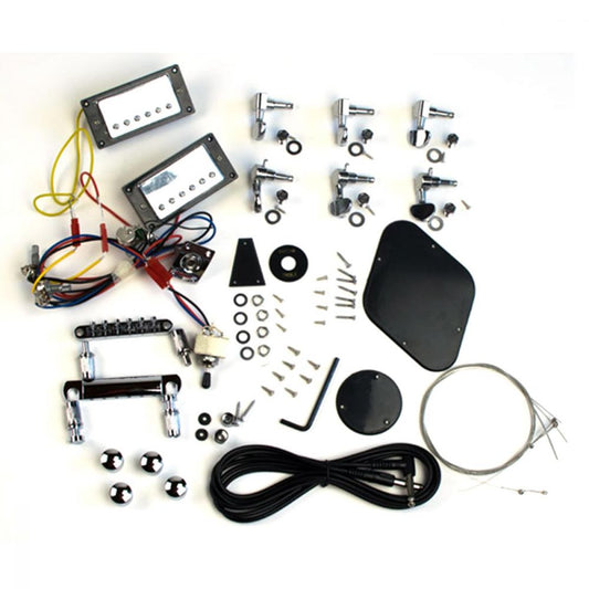 LP 7-string guitar parts full set laid flat with chrome pickups, machine heads, bridge, hardware, wiring, and black covers.