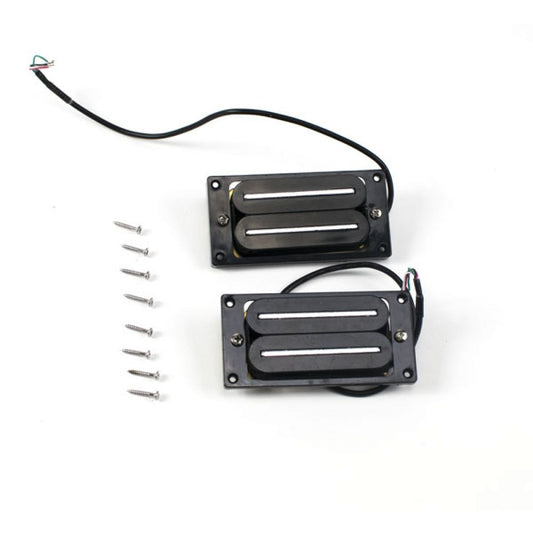Super Power Blade black LP pickup set with bridge and neck pickups, wiring, and mounting screws displayed flat.