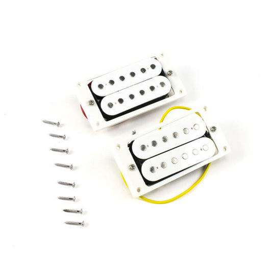 Super Power Humbucker pickup set in white with bridge and neck pickups, rings, wires, and mounting screws laid flat overhead.