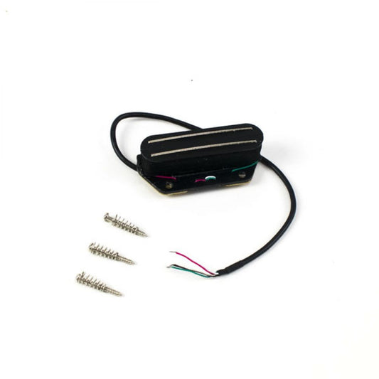 Black double rail pickup with two visible rails, connected wires, and three mounting screws displayed flat.