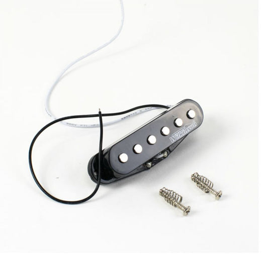 Wilkinson single coil pickup in black with attached wires, pickup ring, and mounting screws displayed separately