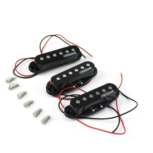 Three black Wilkinson single-coil pickups with red and black wires displayed with six mounting screws.