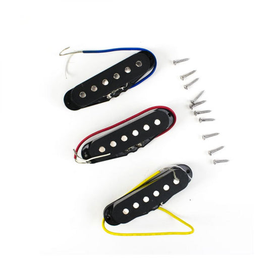 Three black single coil pickups with blue, red, and yellow lead wires displayed with mounting screws on white background