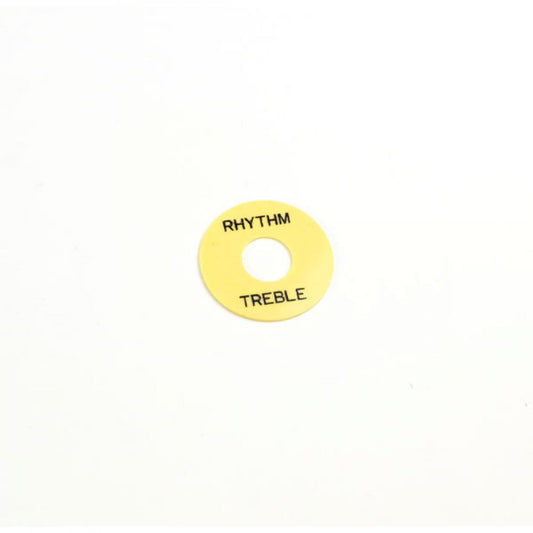 Yellow rhythm treble plate for LP style guitar, flat front view showing text labels and center hole