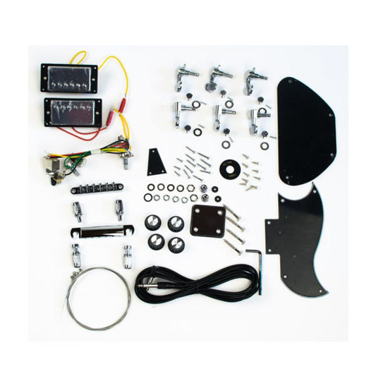 Complete SG guitar hardware set displayed flat showing chrome bridge, pickups, wiring, pickguards, and electronics