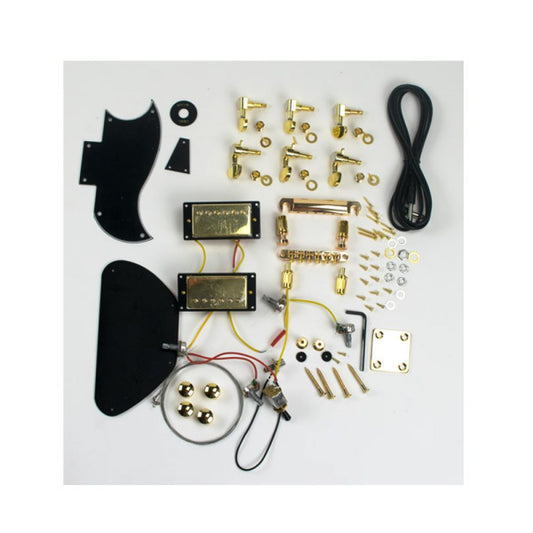 Complete SG guitar parts set laid flat showing gold hardware, black pickguard, pickups, bridge, tuners, and electronics.