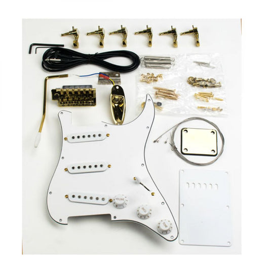 Strat gold parts set flat layout with white pickguard, three single-coil pickups, gold tremolo bridge, and machine heads
