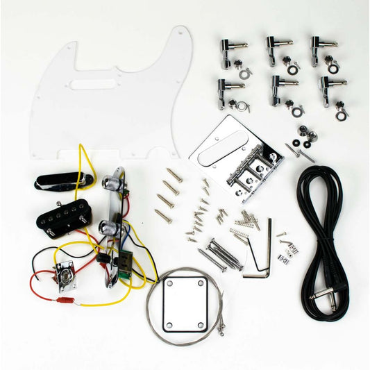Complete Tele guitar parts set laid flat showing white pickguard, chrome hardware, pickups with wiring, and bridge