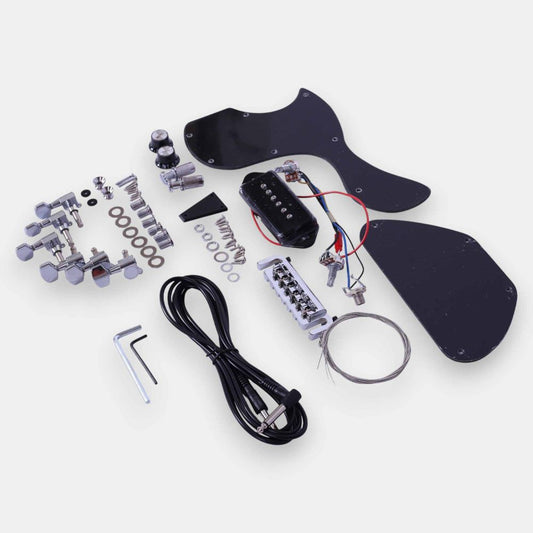 SG Junior P-90 hardware kit overhead view showing chrome machine heads, black pickguard, P-90 pickup, bridge, and wiring