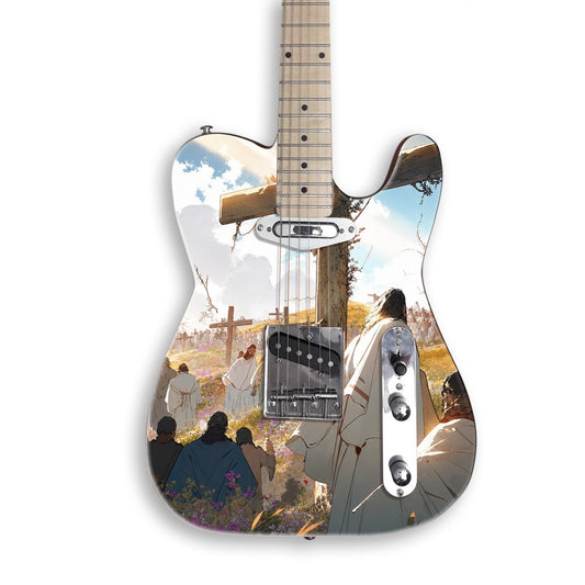 Hilltop Wooden Cross guitar skin on a black Tele-style guitar