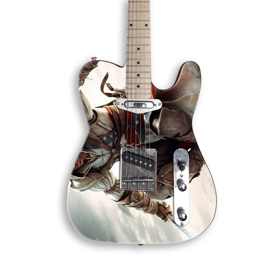 Hooded Assassin Leap guitar skin on a black Tele-style guitar