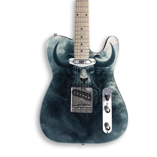 Horned Storm Beast guitar skin on a black Tele-style guitar