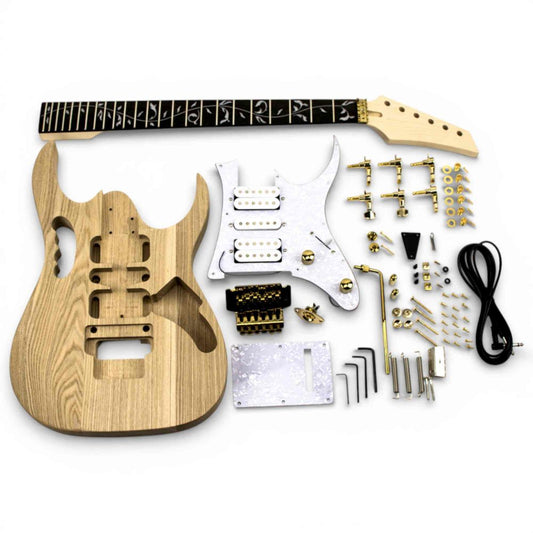 DIY Guitar Kit White MJ ash body with all components laid flat including neck, pickguard, hardware, and tremolo bridge