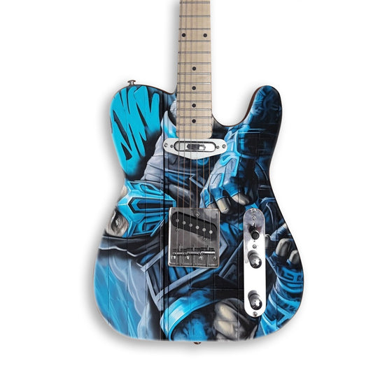 Ice Ninja Mural guitar skin on a black Tele-style guitar