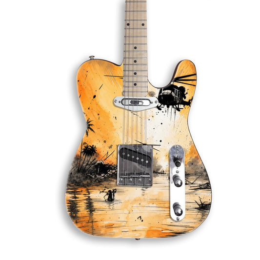 Jungle Helicopter Assault guitar skin on a black Tele-style guitar