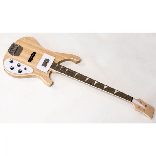 Side view of completed DIY bass showing full body contours, hardware, and neck profile