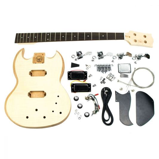 DIY Electric Bass Kit Solid-G with all unassembled components laid flat including body, neck, hardware, and electronics