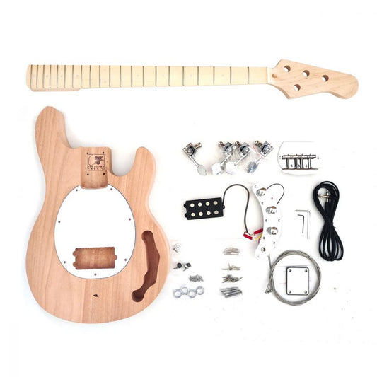 DIY Electric Bass Kit assembled components and chrome hardware laid flat in organized display