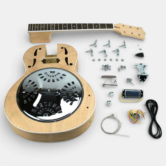 Ashbury Resonator kit with all components displayed, showing mahogany body, neck, resonator cone, and electronics