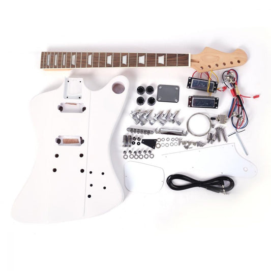 Ready-to-paint FB guitar kit displayed flat with all components including neck, body, hardware, and electronics