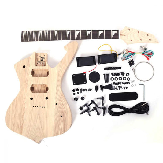 DIY Iceman guitar kit displayed flat showing ash body, bolt-on neck with frets, and all black hardware and wiring components.