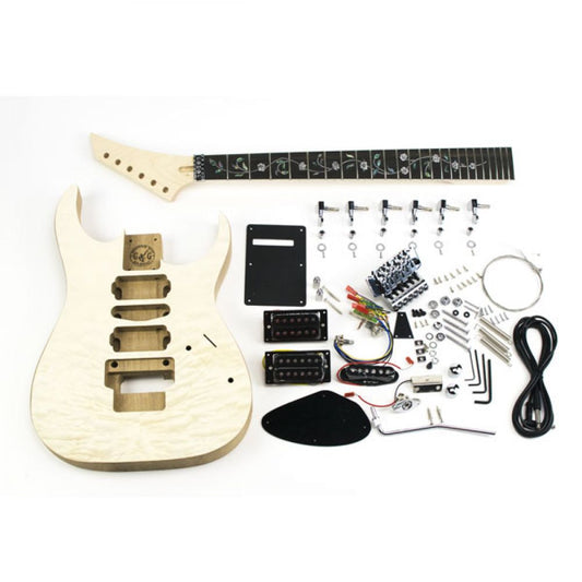 DIY Guitar Kit Jackson Dinky with quilted maple body and all components laid flat