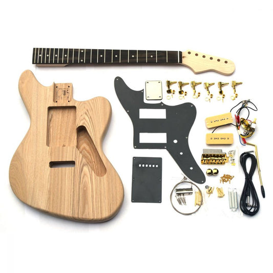 DIY Jazzmaster Kit with ash body, maple neck, and all hardware components laid flat for assembly overview.