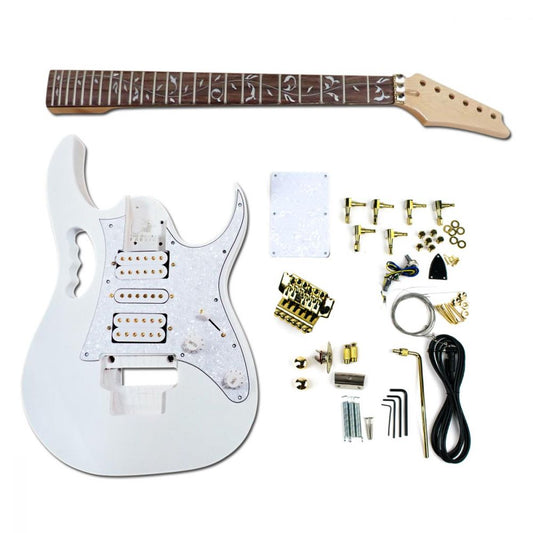Flower MJ guitar kit components laid flat showing maple neck, white body, pickguard, and gold hardware parts