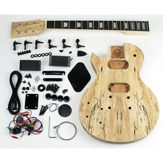 Left-Handed Single Cut Kit with all components laid flat including mahogany body, neck, pickups, and hardware