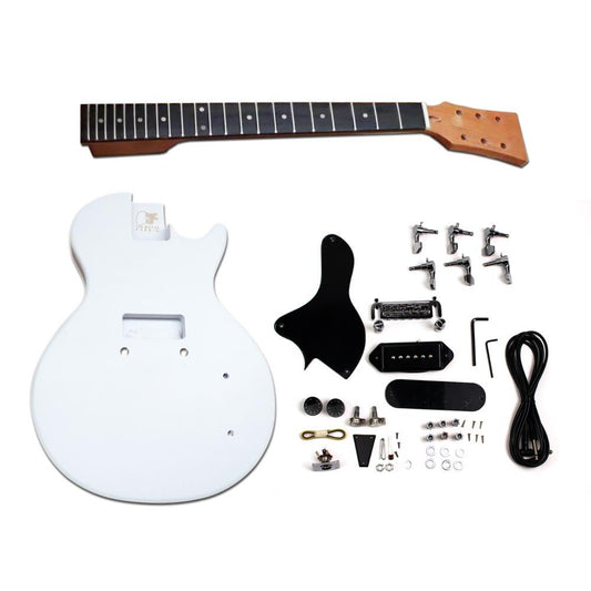 Ready-to-Paint Single Cut Junior kit laid flat with mahogany neck, white body, pickguard, and chrome hardware components.