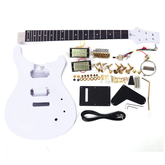 Ready-to-Paint Guitar Kit with mahogany body, maple neck, and all components laid flat in organized display