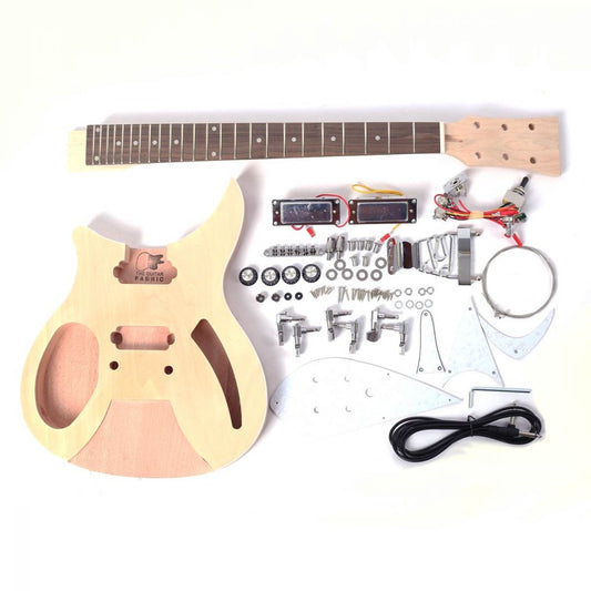 Left-handed RK semi-hollow mahogany guitar kit displayed with all hardware, electronics, and assembly components.
