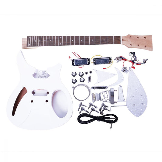 Ready-to-Paint Guitar Kit RK all components displayed flat with maple neck, mahogany body, chrome hardware, and wiring