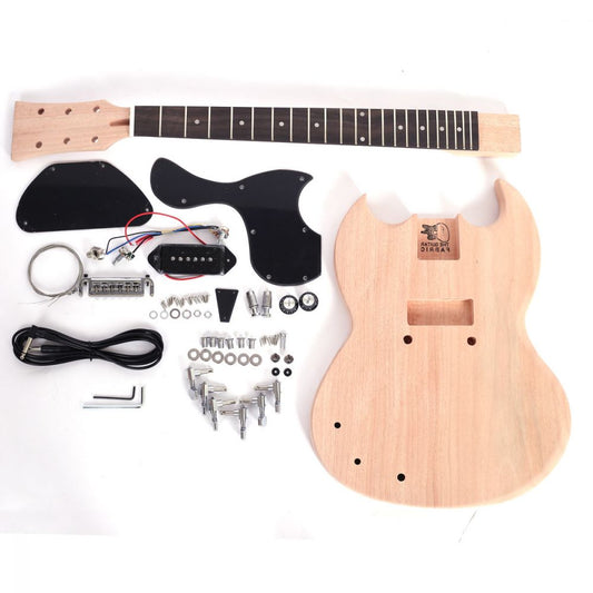 Left-Handed Solid-G Junior kit laid flat with mahogany body, neck, pickguard, electronics, and hardware components