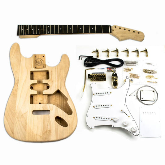 DIY ST Vintage guitar kit showing unfinished alder body, maple neck, and gold hardware components laid flat
