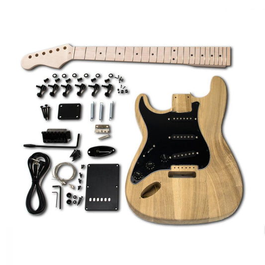 Left-handed electric guitar kit with unassembled ash body, maple neck, and black hardware components laid flat