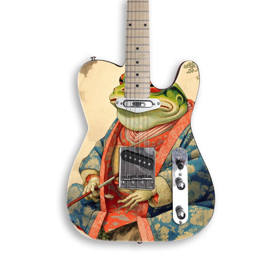 Kimono Frog Sage guitar skin on a black Tele-style guitar