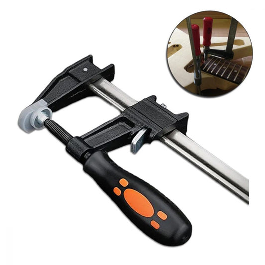 Luthier hand clamp with metal frame, orange grip handle, and inset showing clamp on guitar fretboard