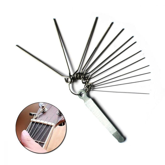 Guitar nut files 13-piece set fanned display showing graduated metal file diameters with guitar application detail