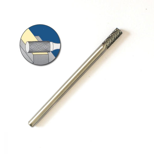 Wood shaping cylinder carbide burr 8cm shown at angle with double-cut texture visible and detail callout