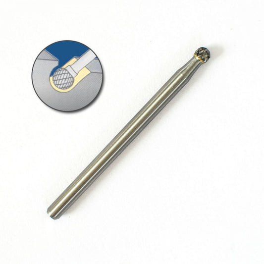 Wood shaping ball carbide burr 8cm with tungsten double-cut head and detail inset showing ball shape design