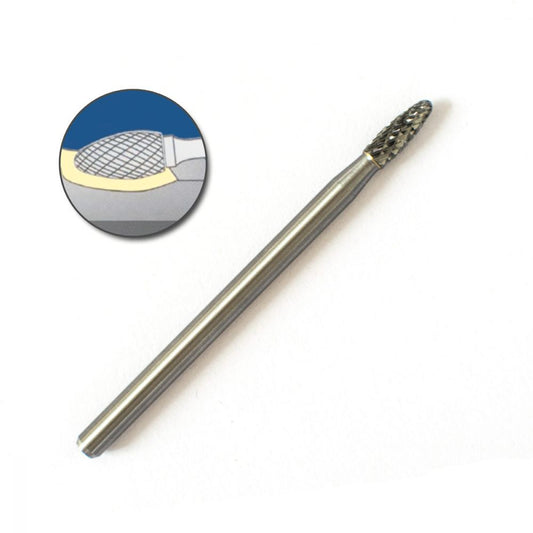 Flame carbide burr 8cm with double-cut tungsten head and shank, shown at angle with cross-section detail inset